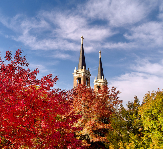 An aerial photo of College Hall and St. Alyoysius Church.